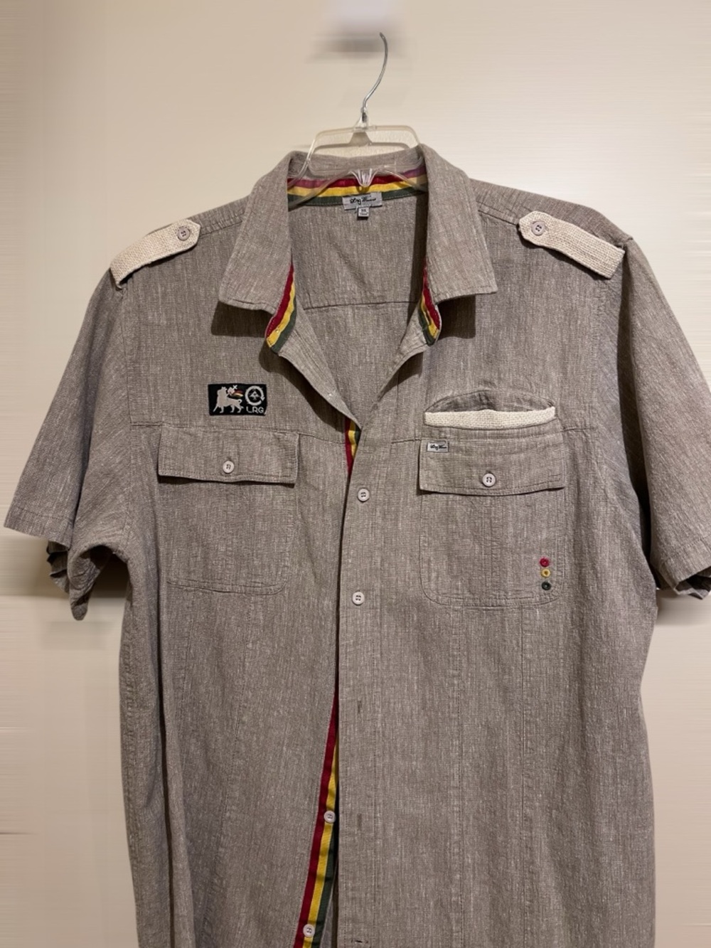 LRG Beige Linen Shirt with Red, Yellow and Green accents and Accent Patch.  3XL